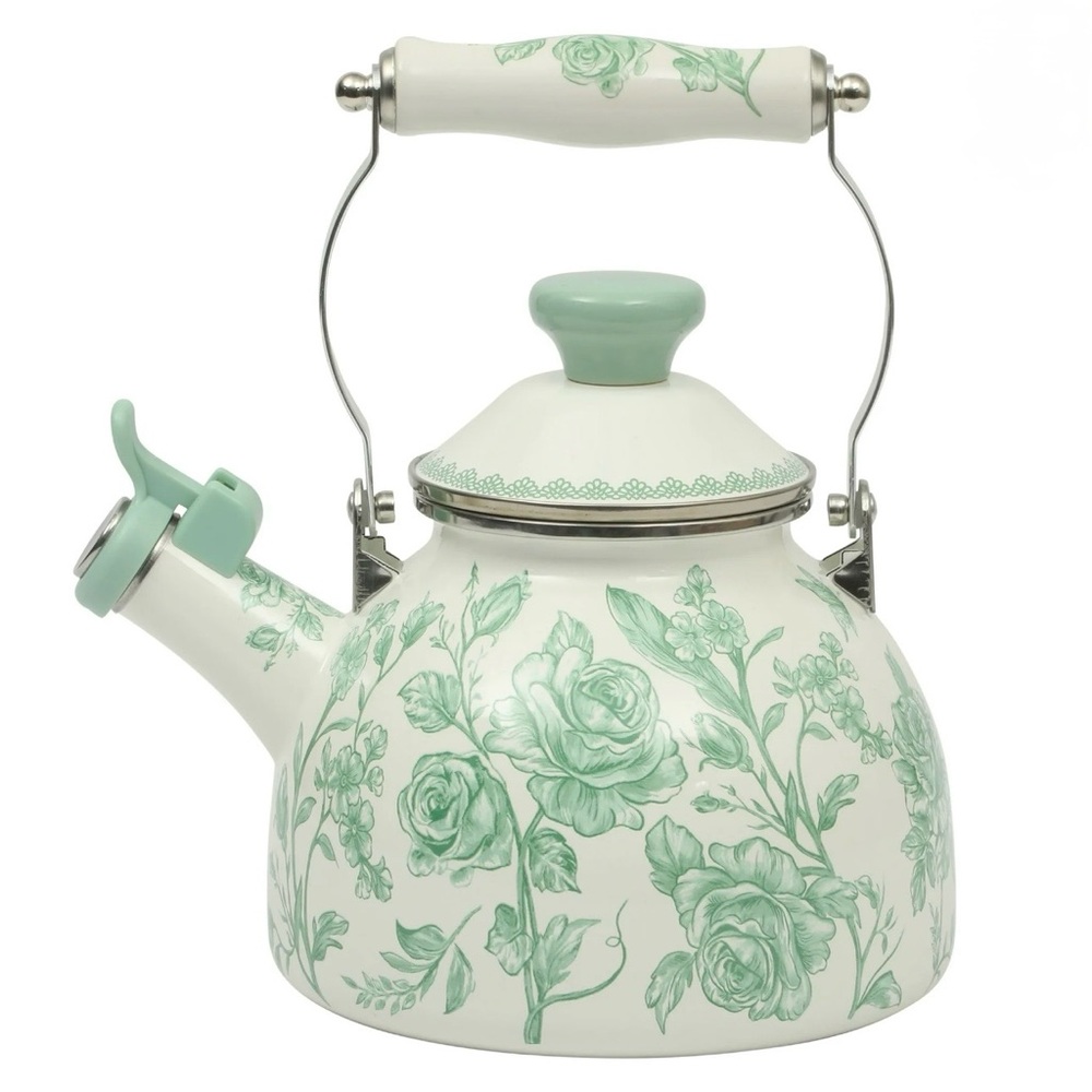 The Pioneer Woman Agatha 1.8-Quart Enamel on Steel Tea Kettle, Floral Green